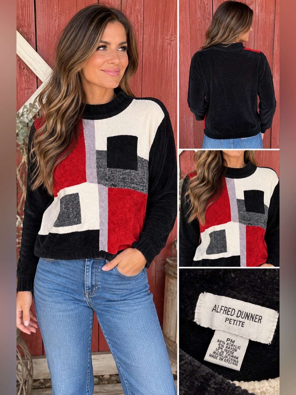 Vintage Alfred Dunner Petite Medium Chenille Colorblock Sweater Red Black White